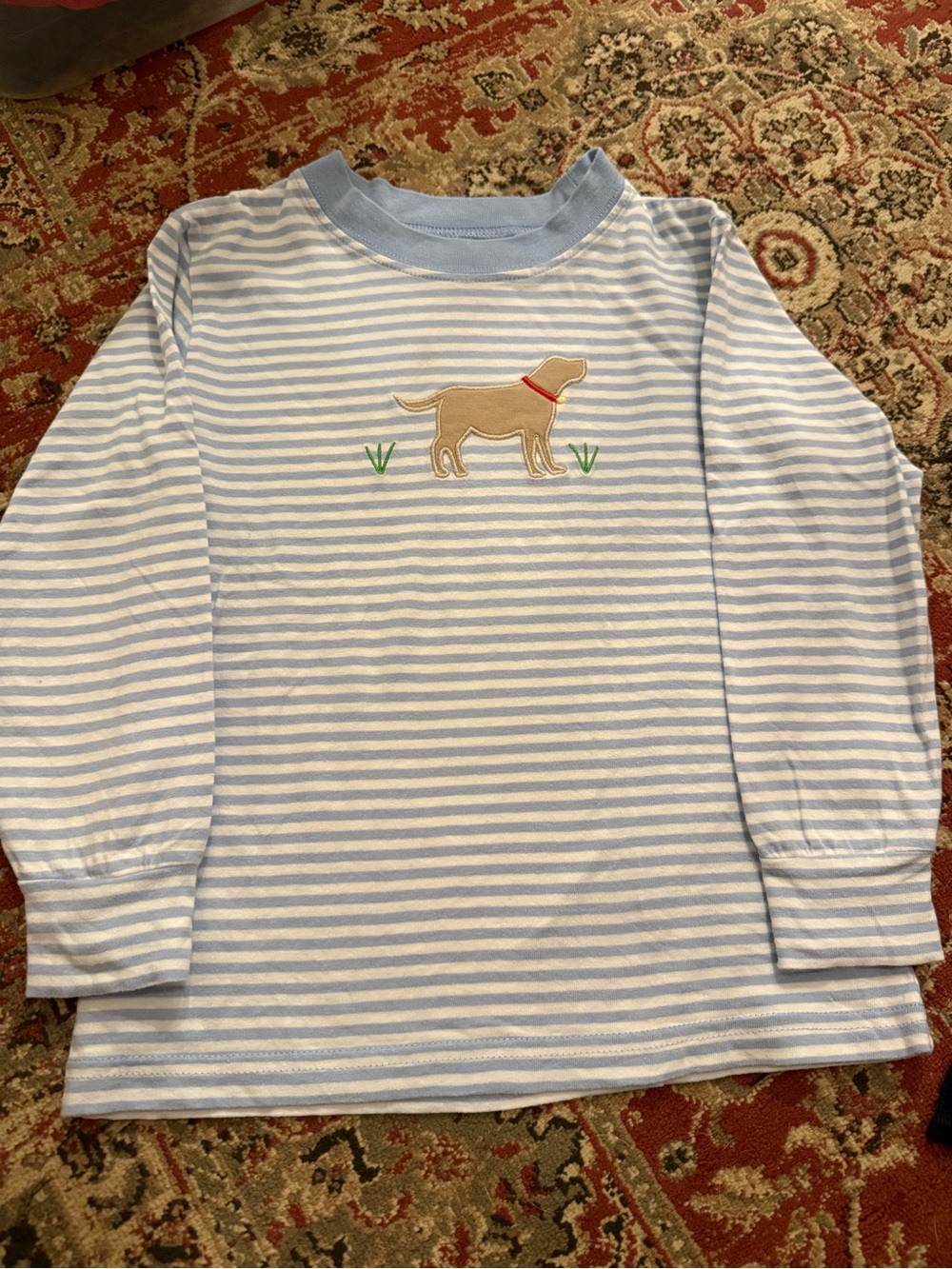 Little English Light Blue & White Striped Long-Sleeve Tee with Dog Applique